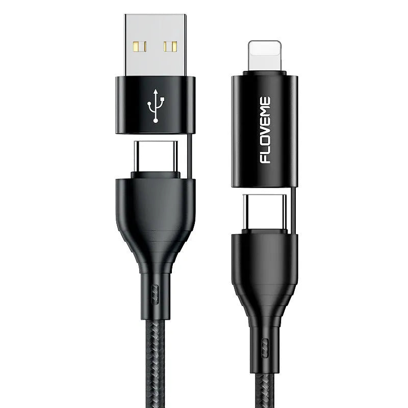 Black braided USB cable with four connector ends: USB-C to USB-C, USB-A to USB-C, USB-A to Lightning and USB-C to Lightning
