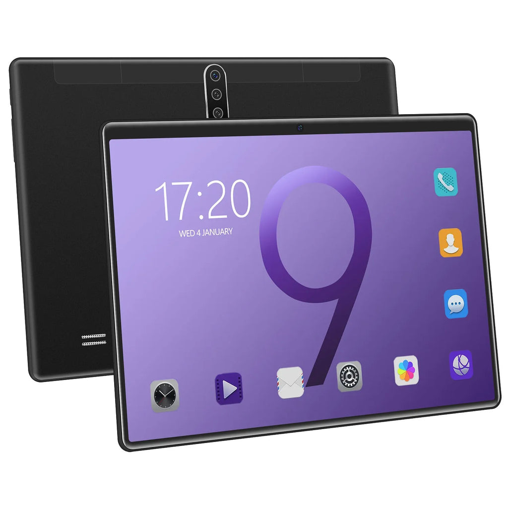 10-inch tablet PC with IPS screen, dual SIM slots, GPS, and octa-core processor in black colour