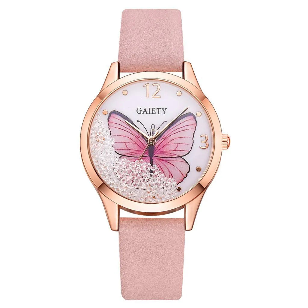 Gaiety women's watch with removable rhinestone butterfly decoration on leather strap