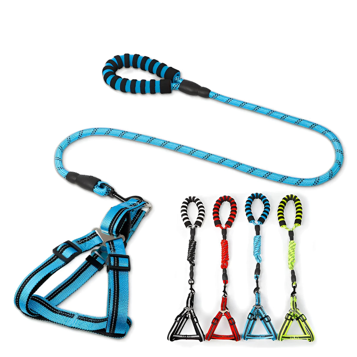 Adjustable nylon dog chest harness and leash set in black, blue, green, or red, sizes XS to L