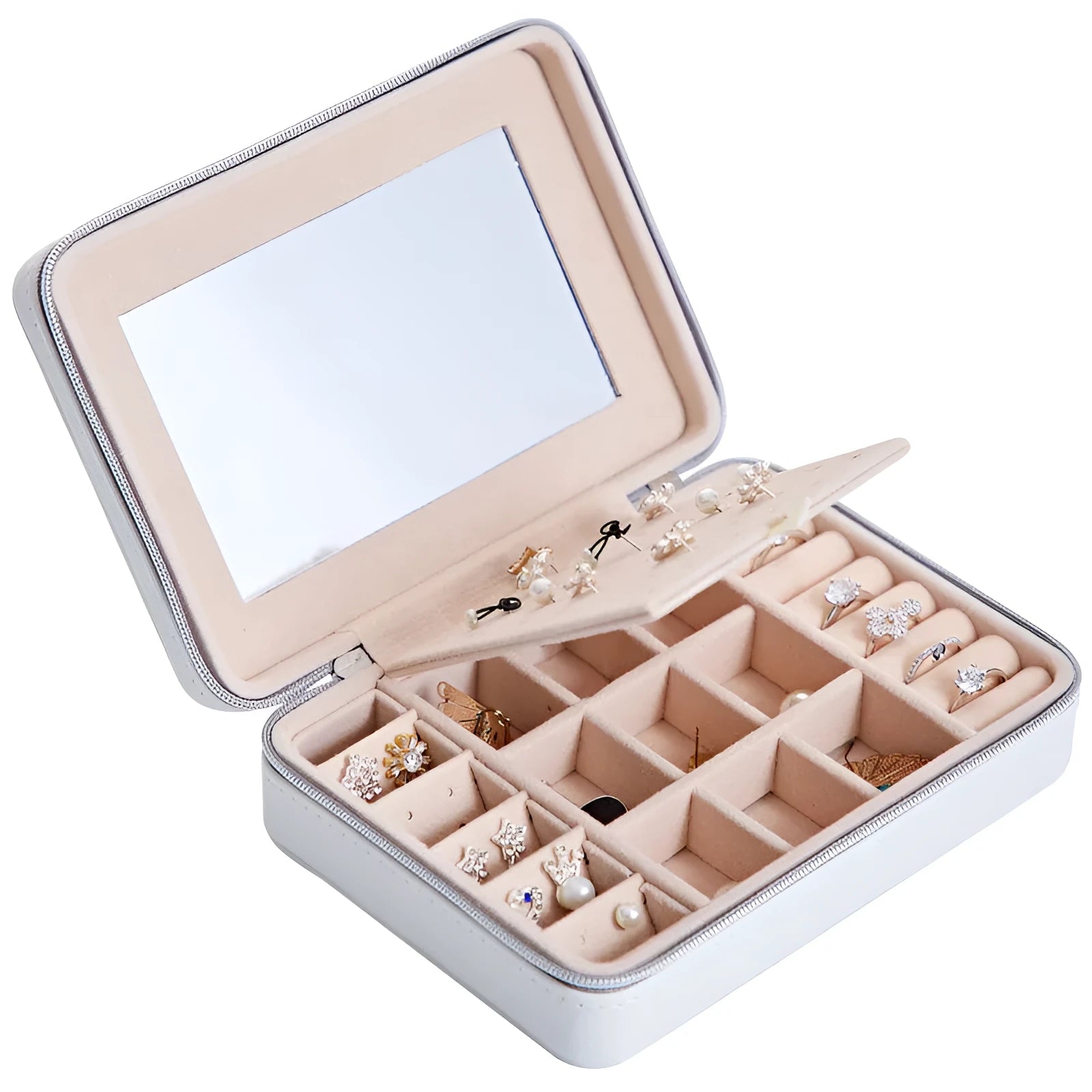 White leather jewellery storage box with mirror for earrings and rings, 170mm x 120mm x 50mm