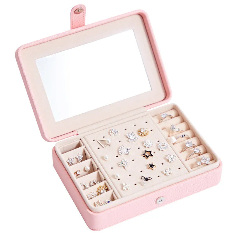 White leather jewellery storage box with mirror for earrings and rings, 170mm x 120mm x 50mm