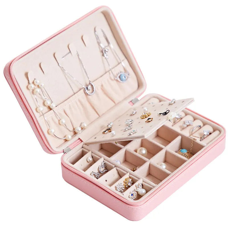 White leather jewellery storage box with mirror for earrings and rings, 170mm x 120mm x 50mm