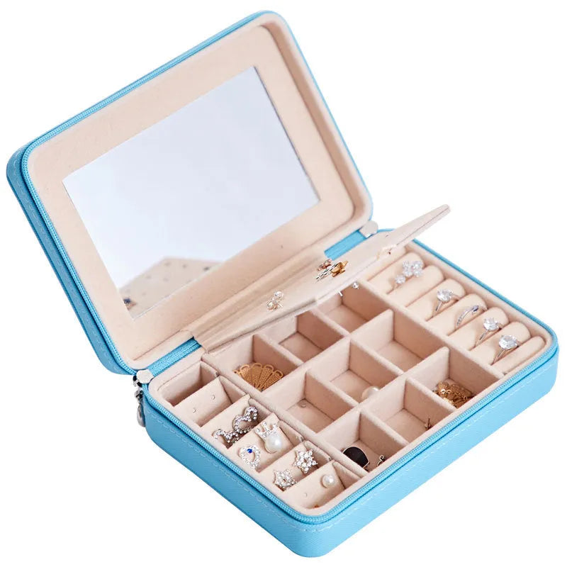 White leather jewellery storage box with mirror for earrings and rings, 170mm x 120mm x 50mm