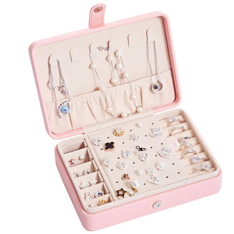 White leather jewellery storage box with mirror for earrings and rings, 170mm x 120mm x 50mm