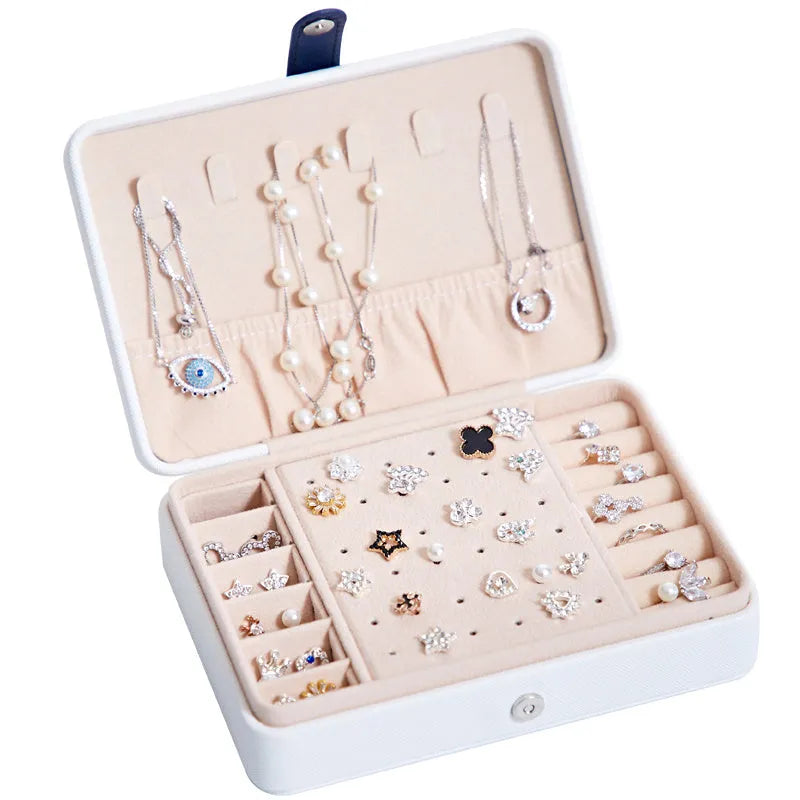 White leather jewellery storage box with mirror for earrings and rings, 170mm x 120mm x 50mm