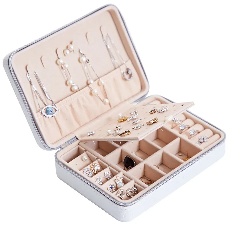 White leather jewellery storage box with mirror for earrings and rings, 170mm x 120mm x 50mm