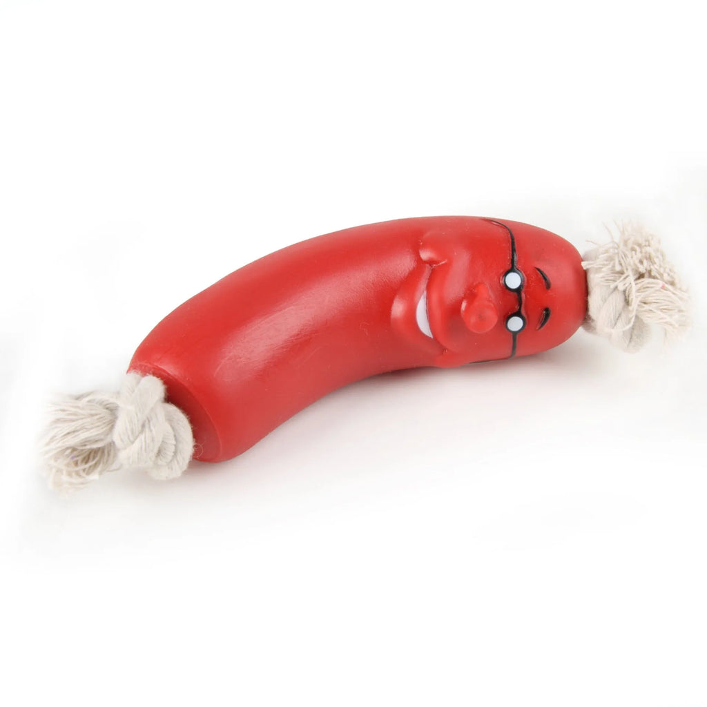 Red silicone sausage gnaws pet toy with dental cleaning knots