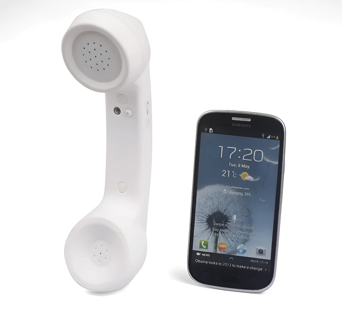 Retro phone style Bluetooth wireless headset in multiple colour options on a table.