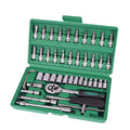 46-piece automotive repair tool set with green plastic storage case containing sockets and wrenches