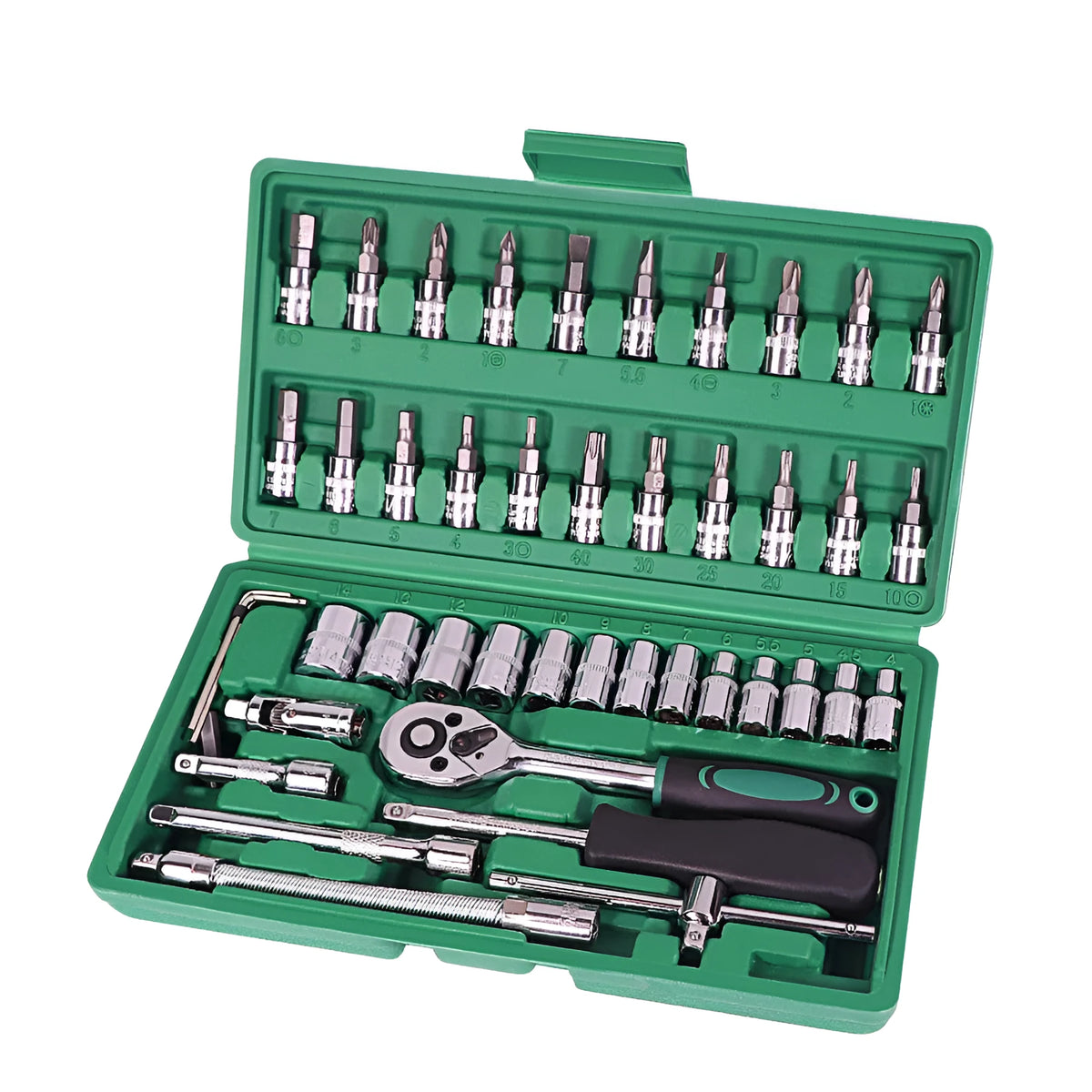 46-piece automotive repair tool set with green plastic storage case containing sockets and wrenches