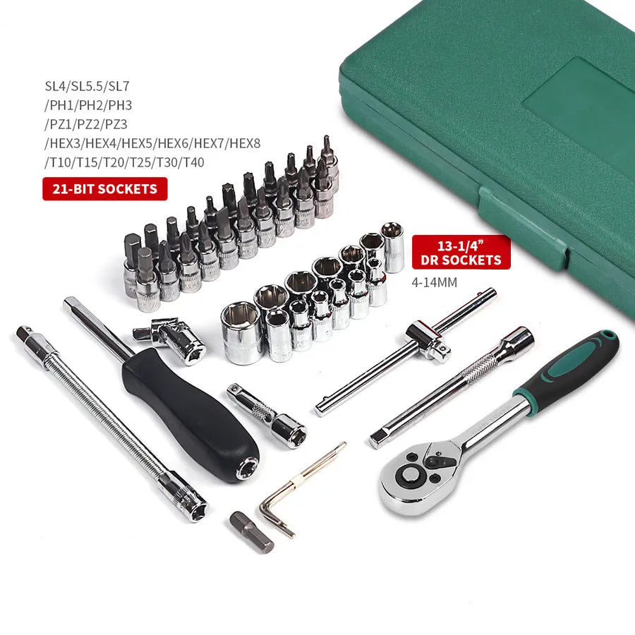 46-piece automotive repair tool set with green plastic storage case containing sockets and wrenches