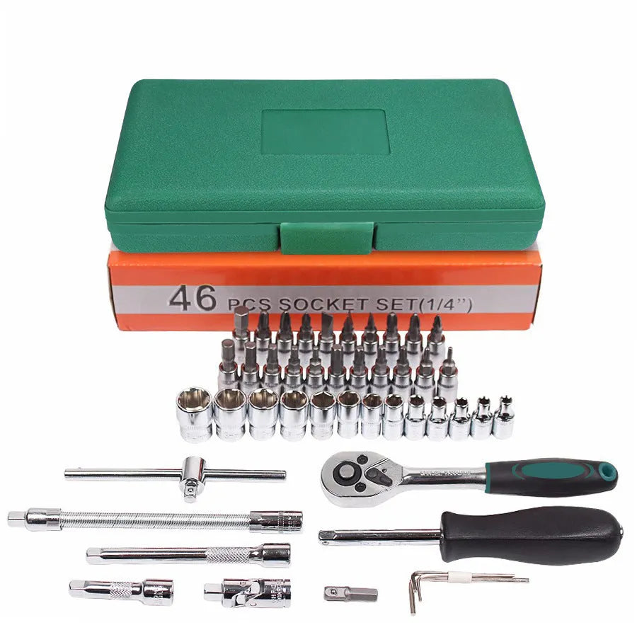 46-piece automotive repair tool set with green plastic storage case containing sockets and wrenches