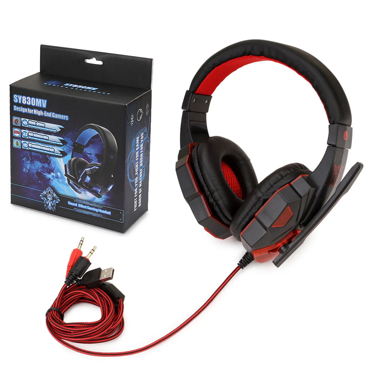 Wired gaming headset with light-up feature and braided cable in black red colour option