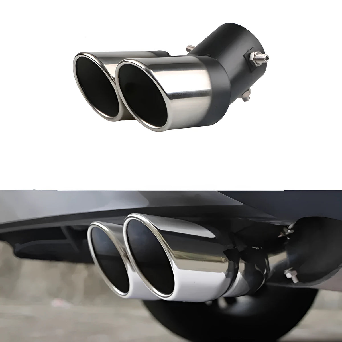 Car tail throat with grilled blue bend and oblique mouth, stainless steel, 63mm inner diameter, 320g.