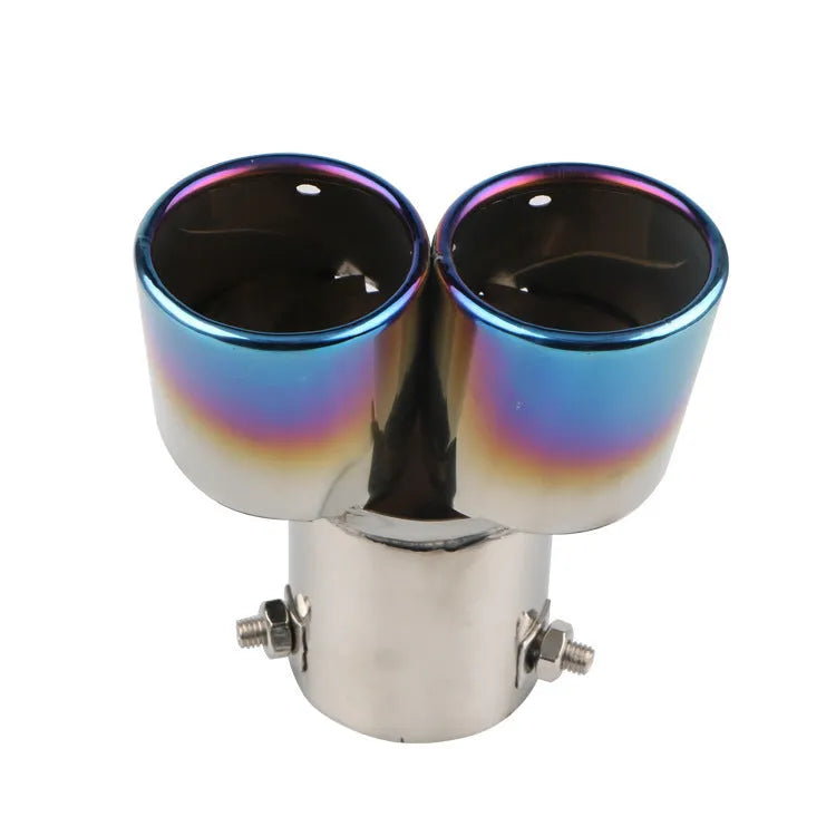 Car tail throat with grilled blue bend and oblique mouth, stainless steel, 63mm inner diameter, 320g.