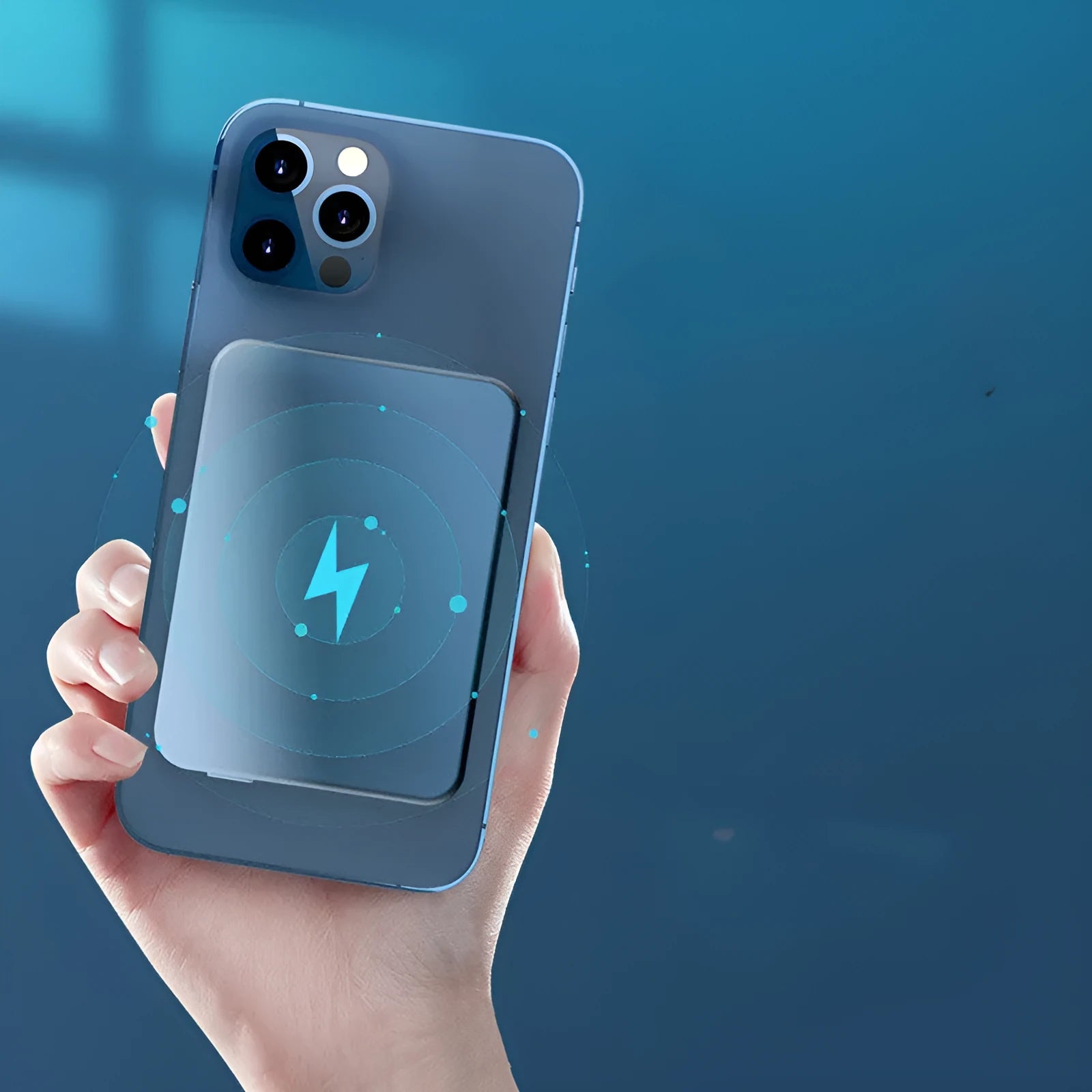 Silver aluminium Apple wireless magnetic power bank showing charging indicator