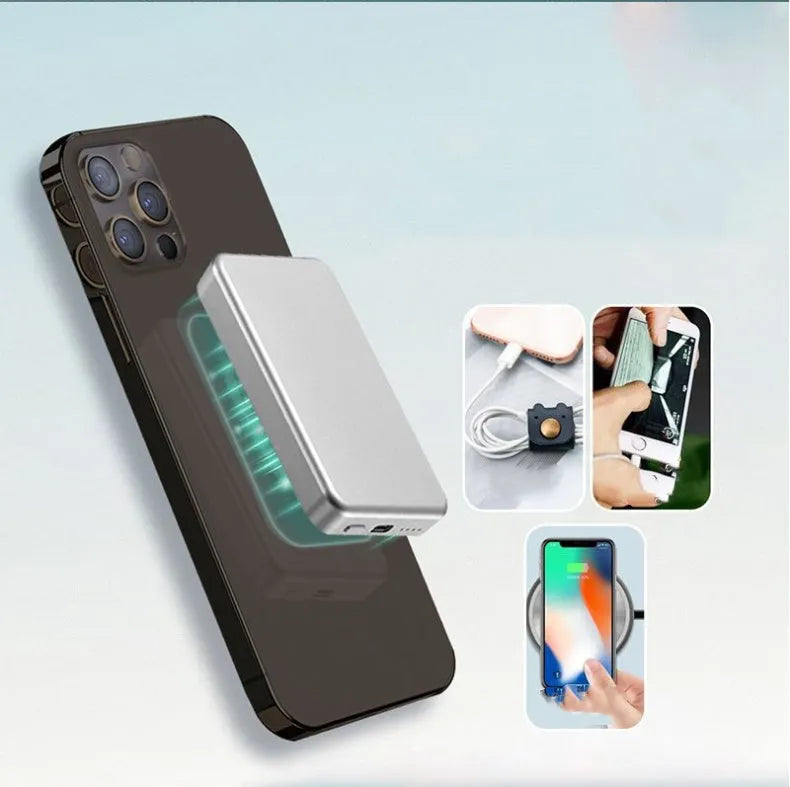 Silver aluminium Apple wireless magnetic power bank showing charging indicator