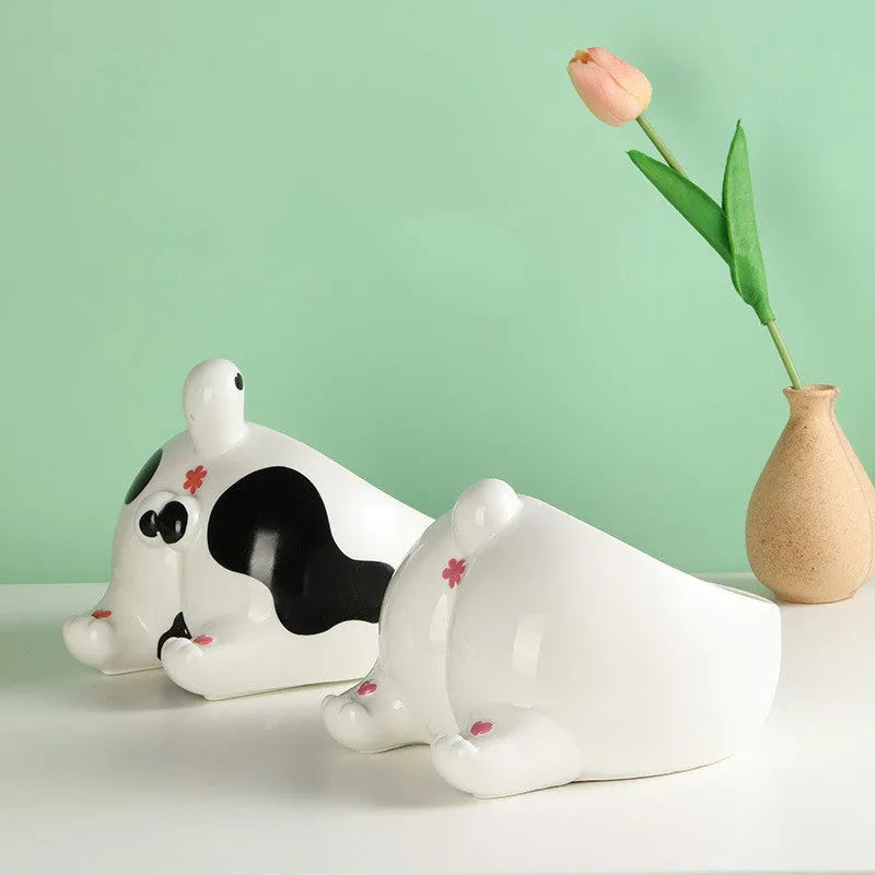 Ceramic pet bowl for cats and small dogs with inclined mouth and high foot, in cartoon cat styles