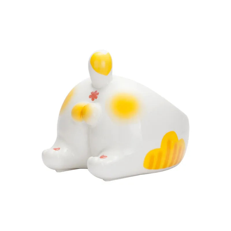Ceramic pet bowl for cats and small dogs with inclined mouth and high foot, in cartoon cat styles