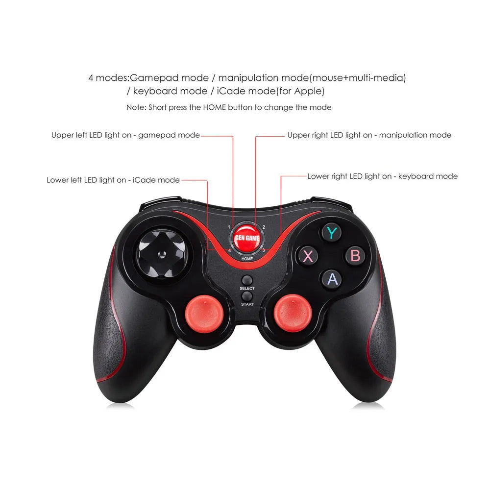 Black wireless Bluetooth gamepad for mobile phones on a table next to a charging cable.