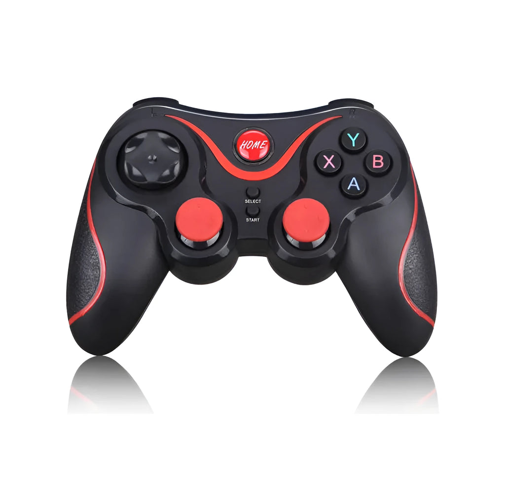Black wireless Bluetooth gamepad for mobile phones on a table next to a charging cable.