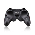 Black wireless Bluetooth gamepad for mobile phones on a table next to a charging cable.