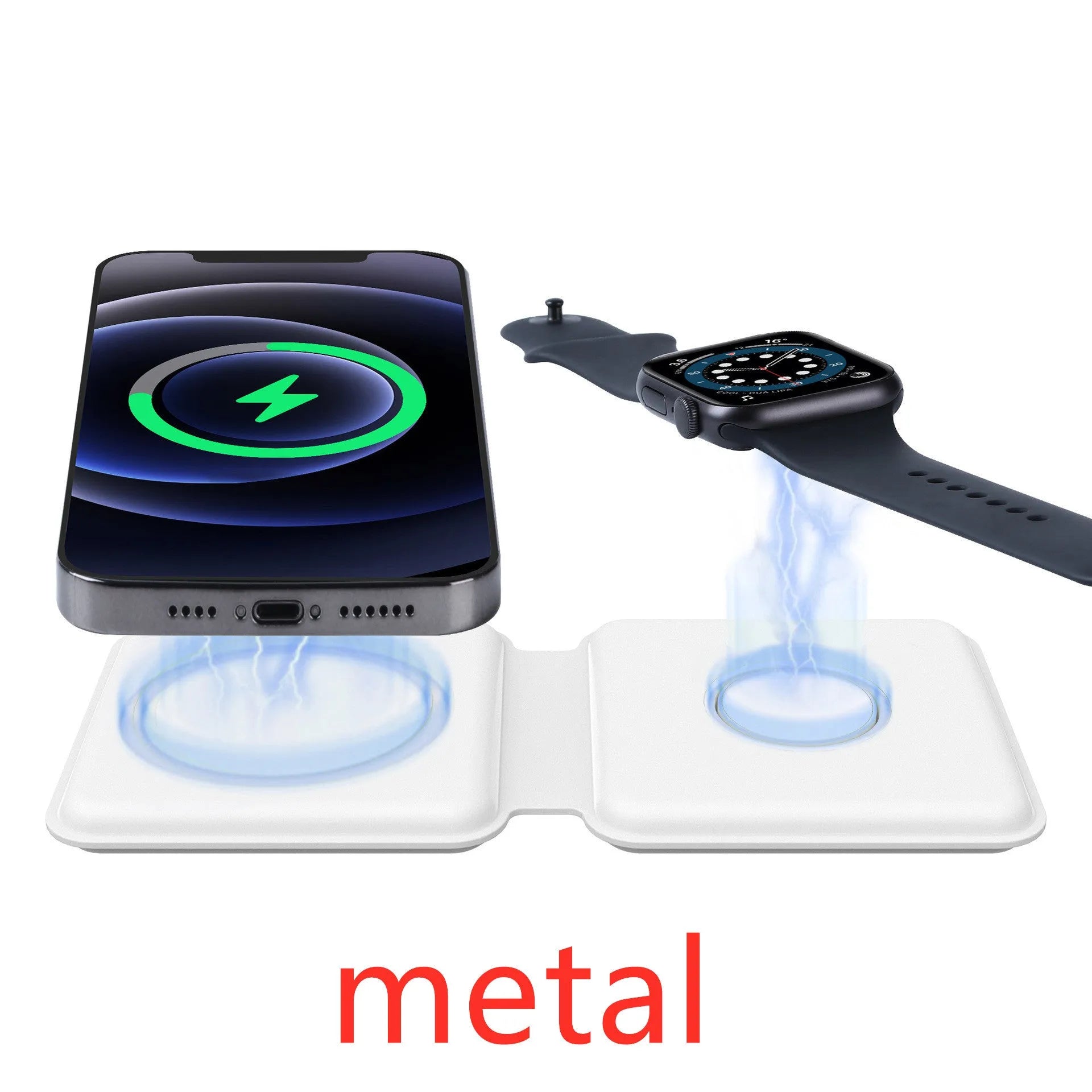 White foldable magnetic wireless charger showing 180° positioning with dual charging surfaces