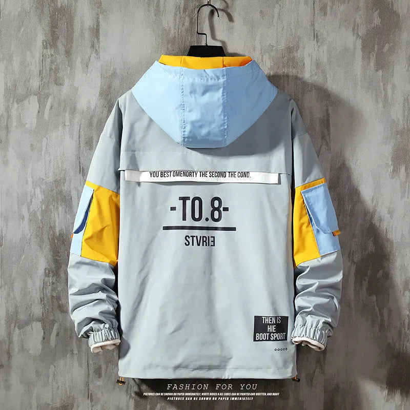 Men's plus size hooded jacket, grey polyester, colour block letter print, loose fit, zip placket, sizes S-5XL