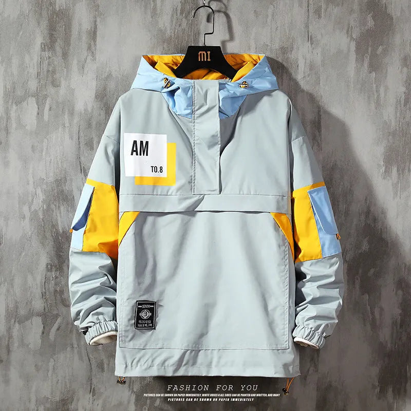 Men's plus size hooded jacket, grey polyester, colour block letter print, loose fit, zip placket, sizes S-5XL