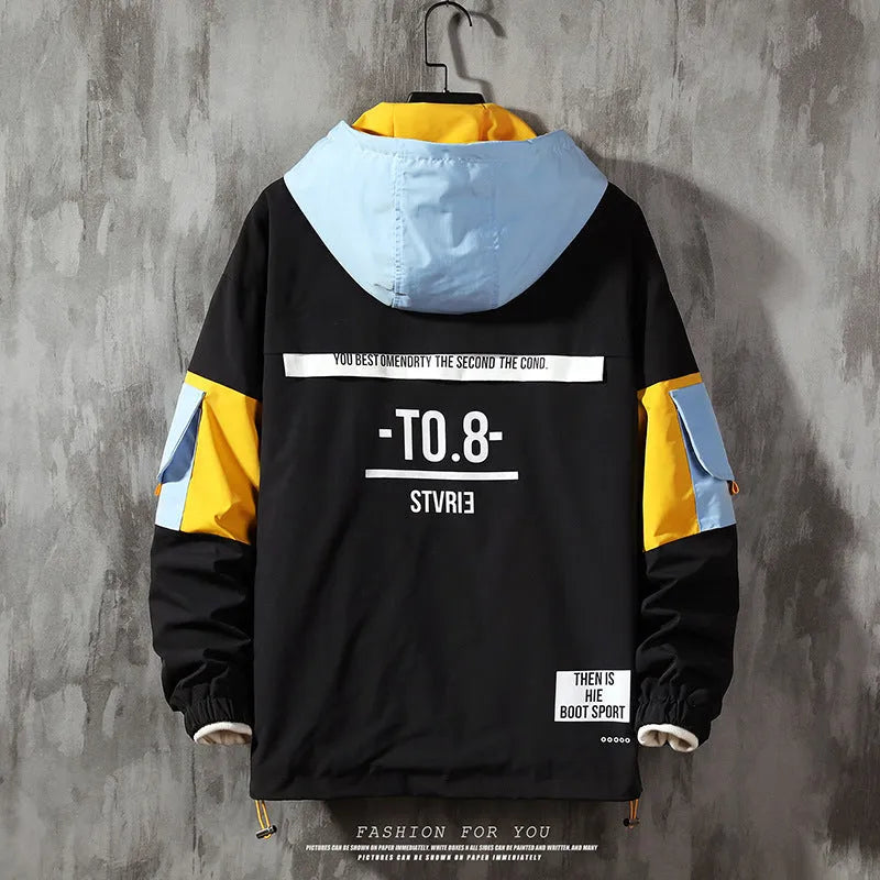 Men's plus size hooded jacket, grey polyester, colour block letter print, loose fit, zip placket, sizes S-5XL