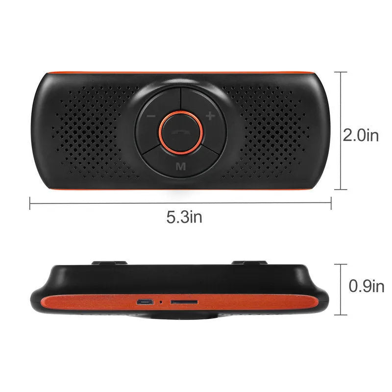 Orange plastic Bluetooth hands-free car kit mounted on a sun visor