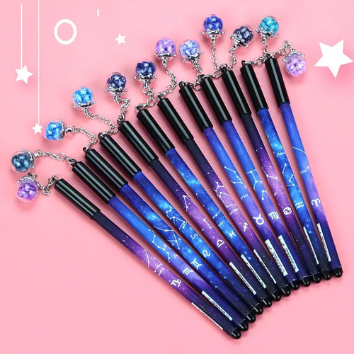 Twelve constellation-themed gel pens with needle tube 0.5mm tips and five style variations including pendant and bulb designs