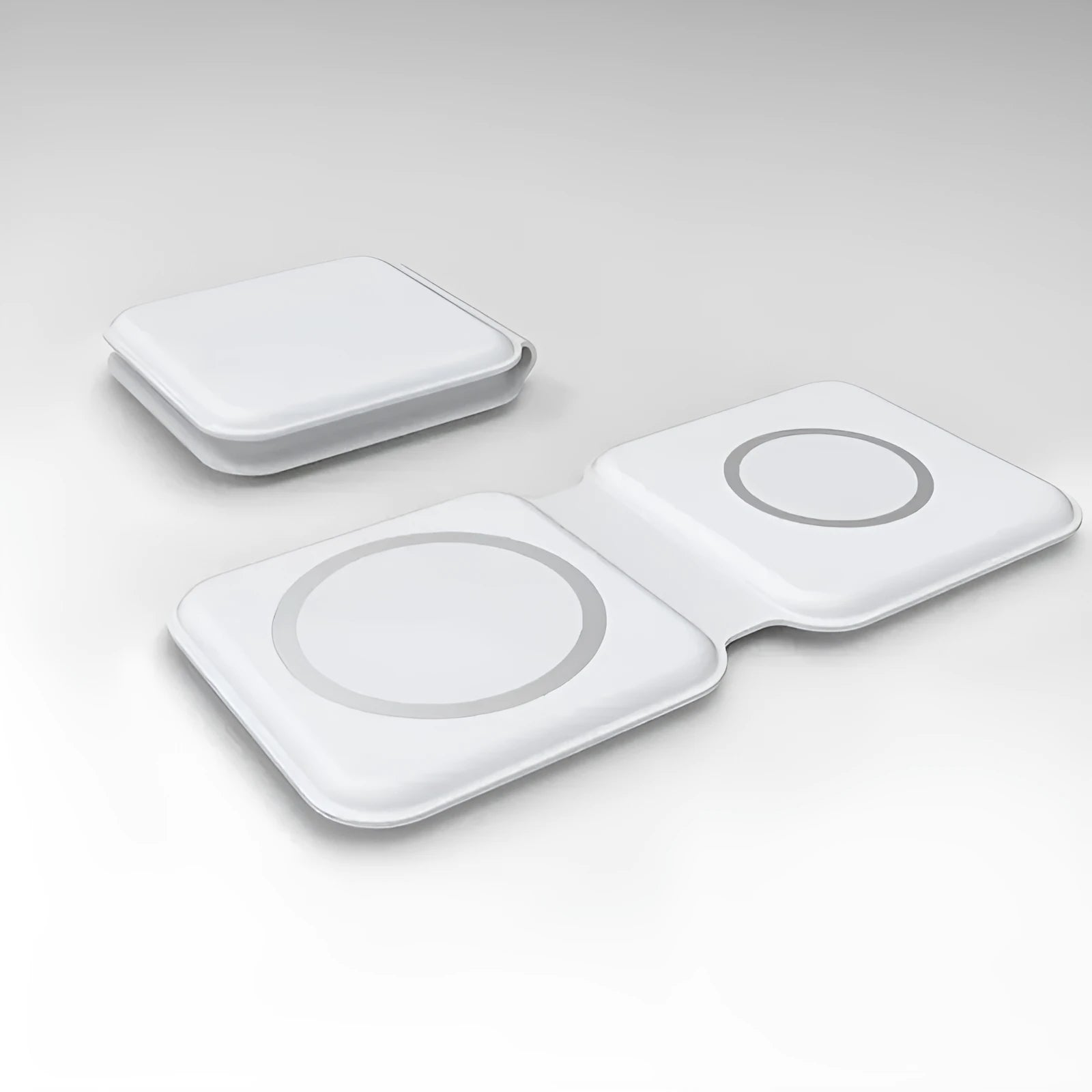 White foldable magnetic wireless charger showing 180° positioning with dual charging surfaces
