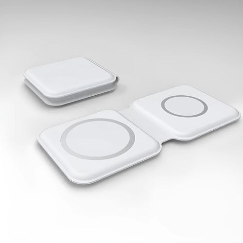 White foldable magnetic wireless charger showing 180° positioning with dual charging surfaces