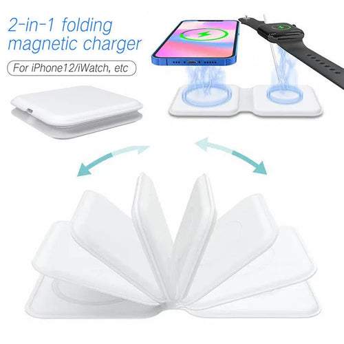 White foldable magnetic wireless charger showing 180° positioning with dual charging surfaces