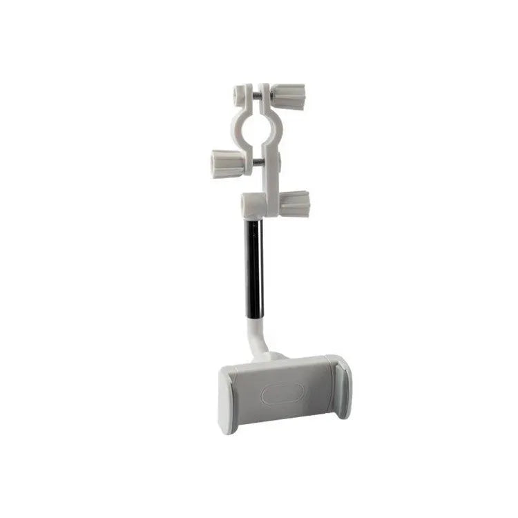 Black car mobile phone holder snapped onto a rearview mirror with cylindrical support frame, showing a smartphone in place.