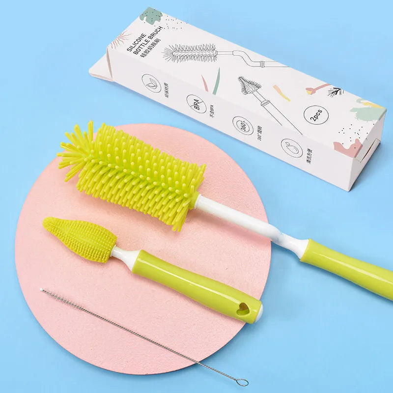 Baby bottle cleaning brush set with silicone heads for bottles and straws in blue pink yellow colours