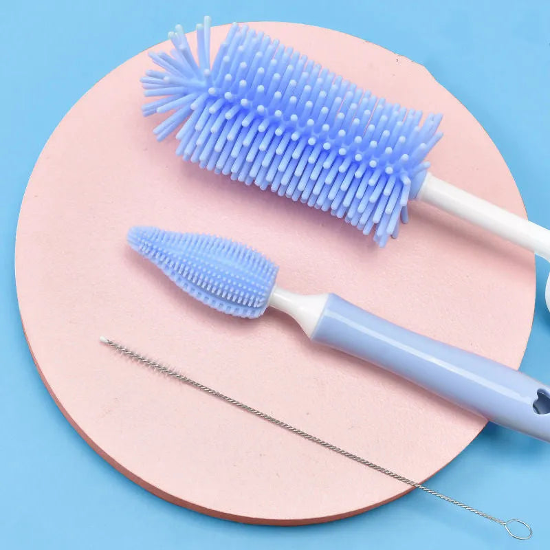 Baby bottle cleaning brush set with silicone heads for bottles and straws in blue pink yellow colours