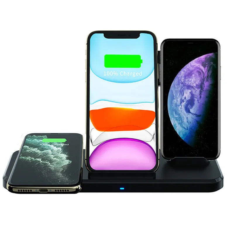 Black universal three-in-one bracket wireless charger with indicator light and multiple devices