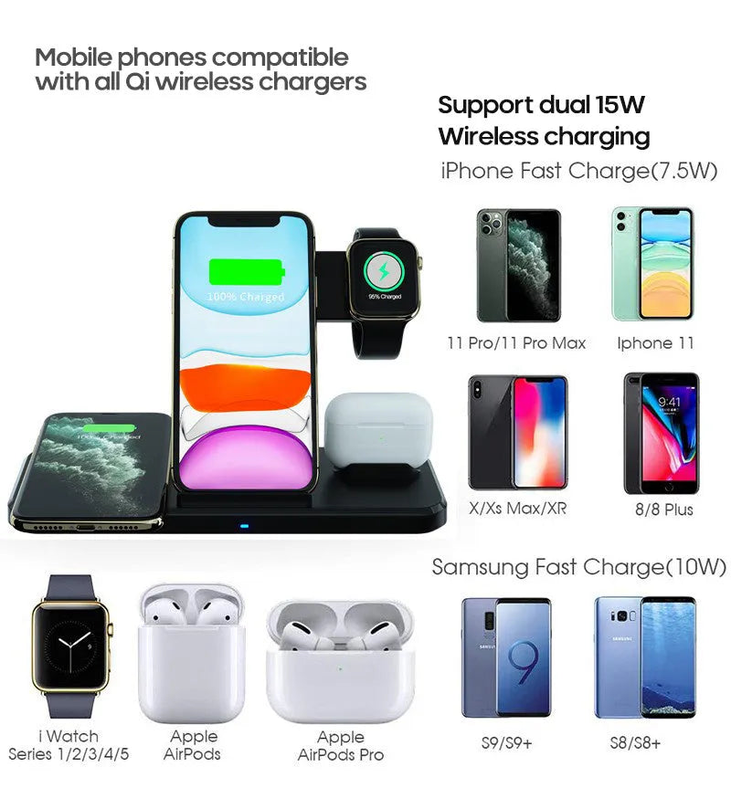 Black universal three-in-one bracket wireless charger with indicator light and multiple devices