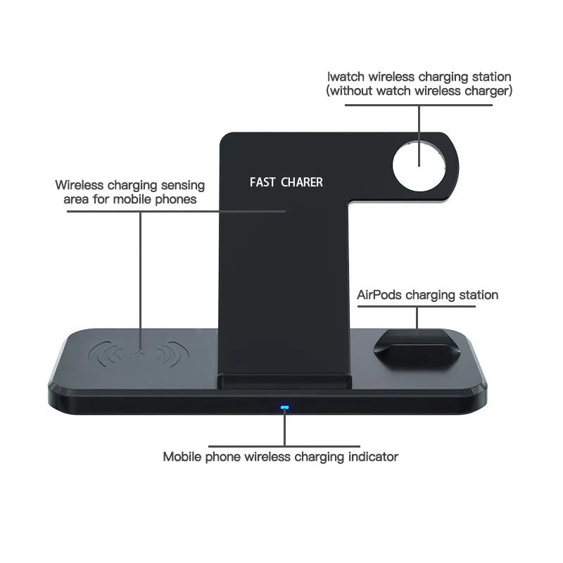 Black universal three-in-one bracket wireless charger with indicator light and multiple devices