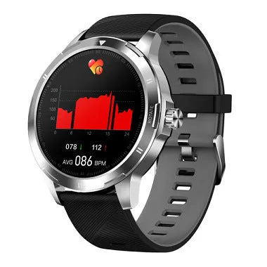 Smart sports bracelet with circular IPS screen on a silicone wristband, displaying weather and notification icons.