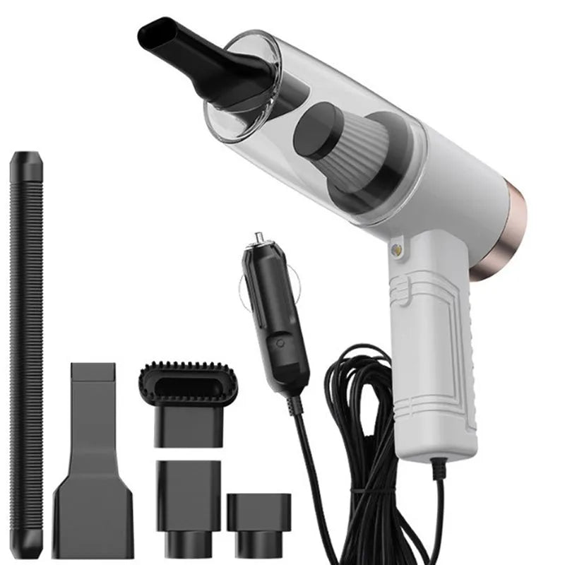 Black handheld car vacuum cleaner with accessories on 5 metre cord for 12V vehicle and home use