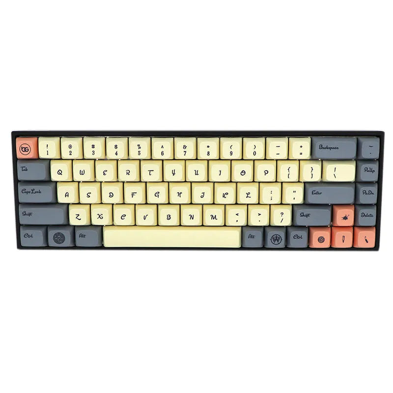 68-key PBT mechanical keyboard keycap set showing multiple colour options on dark keyboard