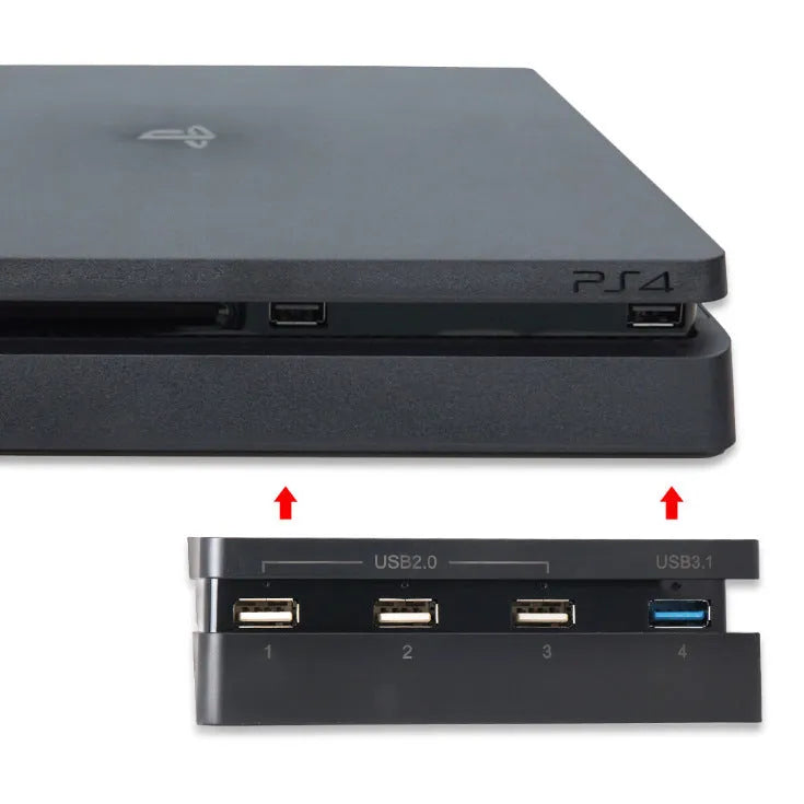Black PS4 Slim USB hub extender with 2.0 and 3.0 ports for PlayStation 4 console