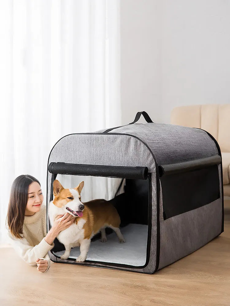Hippie Dog portable dog carrier in grey with breathable mesh side and roll-up sunshade on top