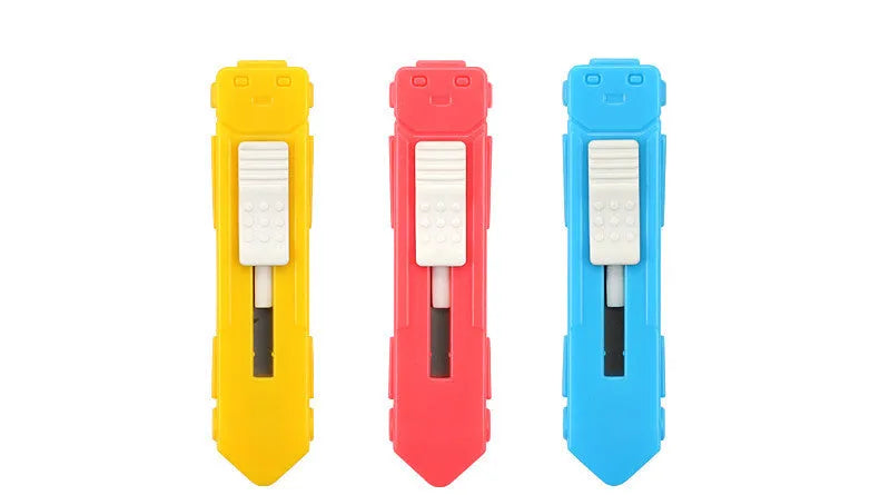 Cartoon-styled art knife with plastic and metal construction for manual production tasks