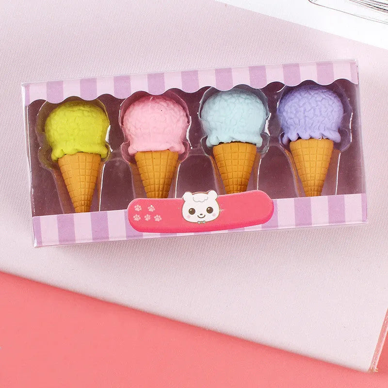 Cartoon eraser gift set with 12 themed pieces featuring cone, ice cream, donut and lollipop designs