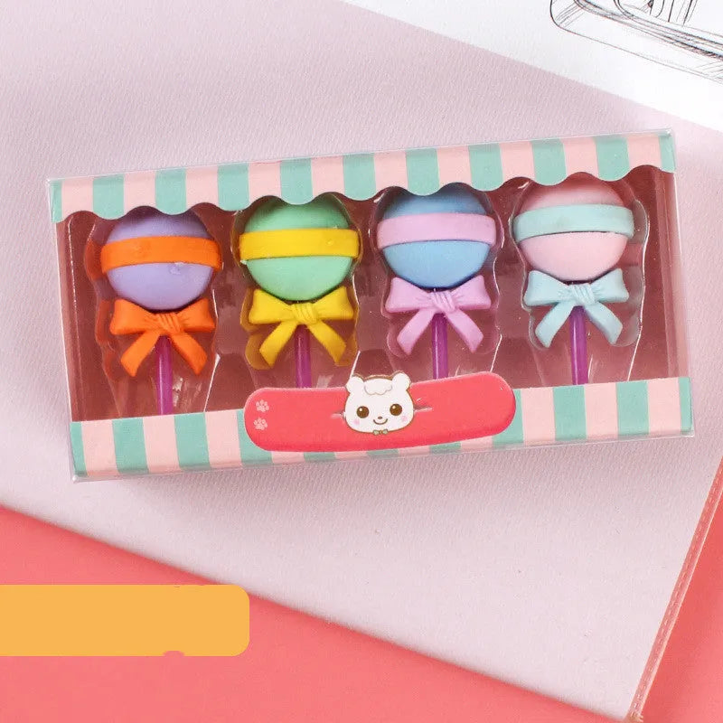 Cartoon eraser gift set with 12 themed pieces featuring cone, ice cream, donut and lollipop designs